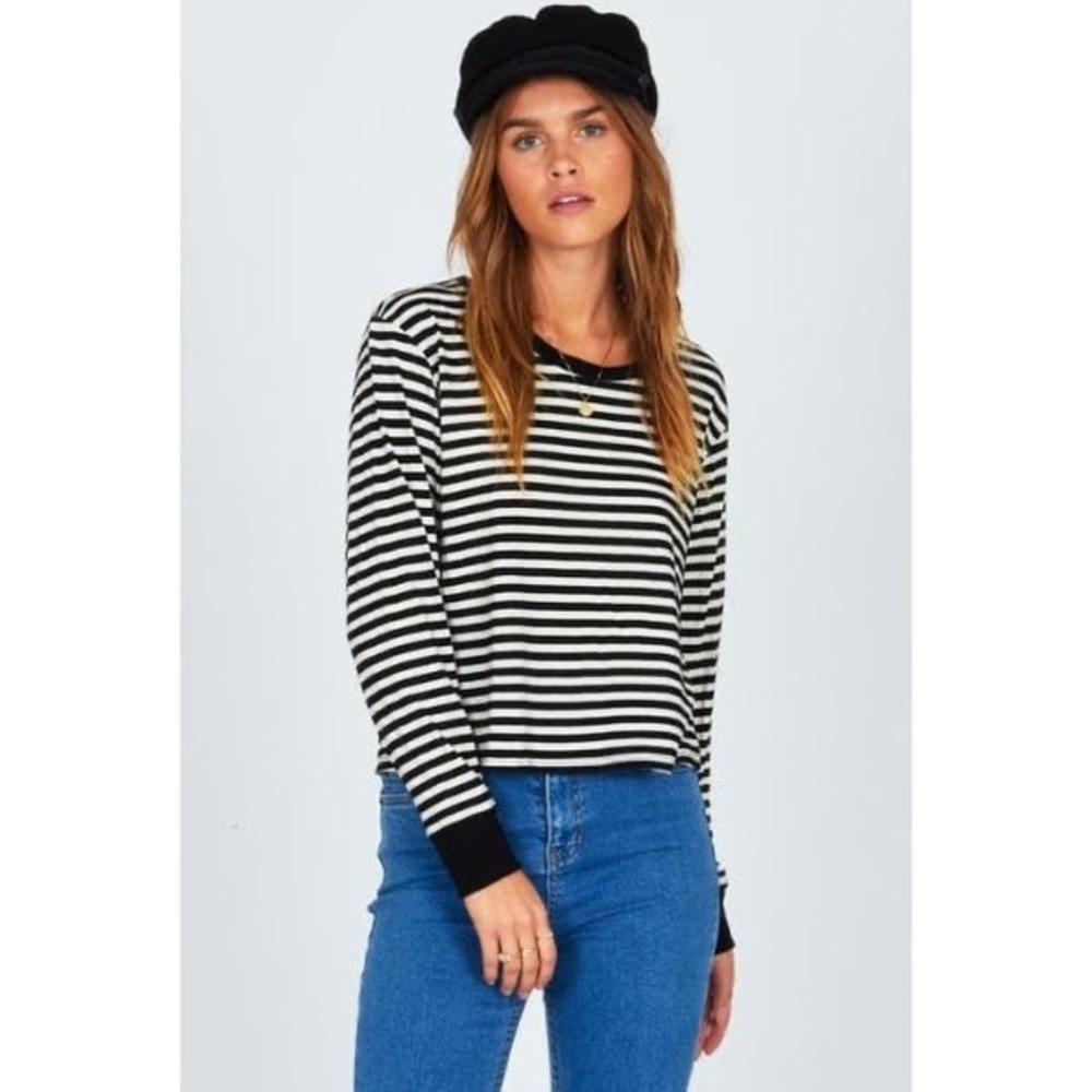 Amuse Society Honey Striped Long Sleeve Cropped Top Shirt Black Off White Large